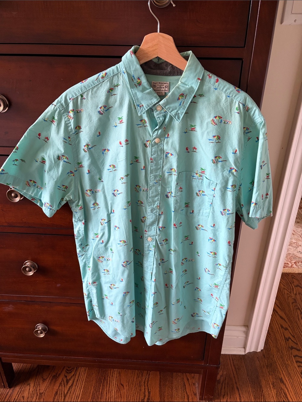 Men's JCrew Short-Sleeve Button-Up Shirt in Light Aqua with Beach Print